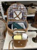 20th cent. Wicker basket containing picnic set for two. Plus a horse race goer's tea and flask set.