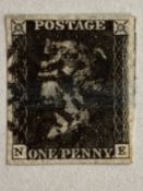 Stamps: SG1, 1840, 1d Black One Penny Black, Plate 5, NE, Small Crown WM, four very good margins,