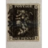 Stamps: SG1, 1840, 1d Black One Penny Black, Plate 5, NE, Small Crown WM, four very good margins,