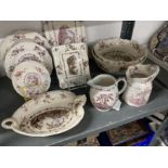 20th cent. Ceramics: Masons Watteau bowls x 2, two handle dish, teapot stand, soap dish, jugs x 2,