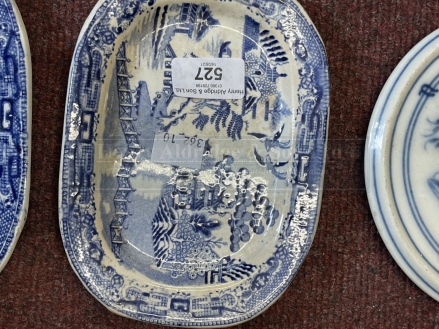 19th cent. Ceramics: Blue/white meat ovals x 4 15ins. - 12ins, teapot stands x 2, Willow and