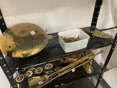 18th cent. Brass warming pan together with an assortment of small brassware.