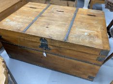 20th cent. Pine storage chest with steel banded decoration and corner protection. 36ins. x 24ins.