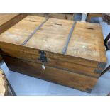 20th cent. Pine storage chest with steel banded decoration and corner protection. 36ins. x 24ins.