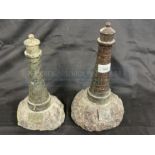 20th cent. Cornish serpentine granite models in the form of a lighthouse. 11ins. and 10ins. (2)