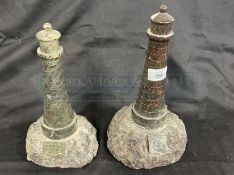 20th cent. Cornish serpentine granite models in the form of a lighthouse. 11ins. and 10ins. (2)