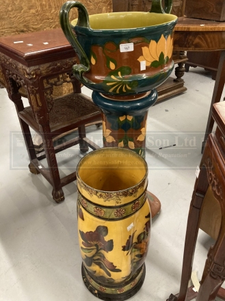 Early 20th cent. Pottery aesthetic jardiniere on stand, and a pottery stick stand. A/F.