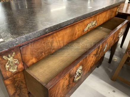 Empire mahogany and ormolu mounted commode, the grey marble top above four long drawers on shaped - Image 3 of 4