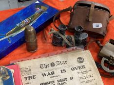 Militaria: Mixed lot to include trench art paperweight, MK4 RSA sight, WH Whisson WWI binoculars,