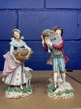 18th cent. Style Sitzendorf figures shepherds with flower baskets. Height 7ins. - Image 2 of 2