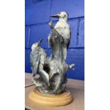 20th cent. Ceramics: Bisque figurine of two woodpeckers on tree stump, on treen stand, unmarked.