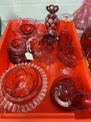 Late 19th/early 20th cent. Glass: Cranberry and ruby, Jack in the pulpit vase, oil jug, creamer,