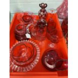 Late 19th/early 20th cent. Glass: Cranberry and ruby, Jack in the pulpit vase, oil jug, creamer,