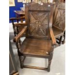 Late 18th/early 19th Cent. Oak carvers (2) and oak chairs (2). Carved foliage decoration to the