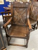 Late 18th/early 19th Cent. Oak carvers (2) and oak chairs (2). Carved foliage decoration to the