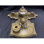 Desk Furniture: Late 19th cent. Brass inkwell decorated with duel guard dragons with serpent