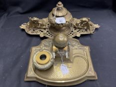 Desk Furniture: Late 19th cent. Brass inkwell decorated with duel guard dragons with serpent