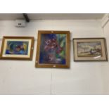 20th cent. English School: Annie Monk pastel and acrylic of flowers plus The Pin Mill watercolour by