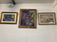 20th cent. English School: Annie Monk pastel and acrylic of flowers plus The Pin Mill watercolour by