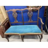 20th Cent. Chippendale style 2 seater hall seat with blue upholstered drop in seat.