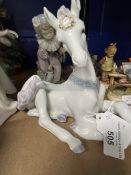 20th cent. Ceramics: Lladro Having a Ball, Clown figure & Lladro Unicorn from Fantasy series A/f.