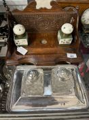 Desk Furniture: E.P.N.S. Cut glass double inkwell on four bun supports, approx. 10ins. Oak carved