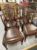 Mid 20th cent. Mahogany dining chairs, shield corn sheaf backs with Rexine drop in seats. (6)