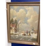 Raymond Campbell 1956: Oil on board stylised "Dutch Winter Scene". 15½ins. x 20ins.