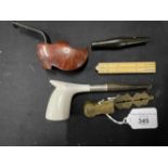 Smoking Requisites: Goedewaagen pipe A/F, a Brier Dutch treen shoe pipe, a silver, brass & bone 1ft.