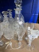 19th cent. Glass: Three engraved bulbous decanters 11ins, two spiral decanters 7ins, plus eight