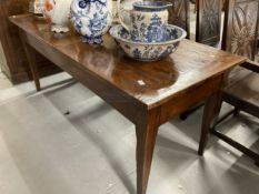 Early 19th cent. Cherry wood plank farmhouse table on tapered supports, long end on drawer with