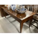 Early 19th cent. Cherry wood plank farmhouse table on tapered supports, long end on drawer with