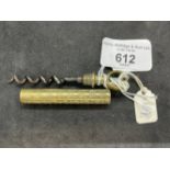 Corkscrews/Wine Collectables: Brass picnic screw, brass ring pull, the sheath decorated with