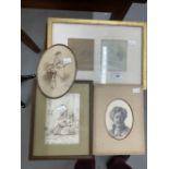 19th cent. Pencil Drawings: Various artists, lady pea shooting, old man, gilt framed man & woman and