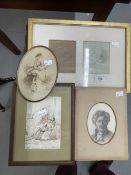 19th cent. Pencil Drawings: Various artists, lady pea shooting, old man, gilt framed man & woman and