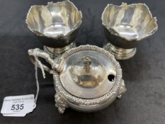 Hallmarked Silver: Mustard pot with hinged cover and blue glass liner. Hallmarked London 1921, and a