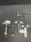 Corkscrews: Steel 'The Surprise', plus three others and sherry extractor.