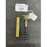 Corkscrews/Wine Collectables: 19th cent. Pocket screw, brass ring pull and sheath decorated with