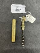 Corkscrews/Wine Collectables: 19th cent. Pocket screw, brass ring pull and sheath decorated with