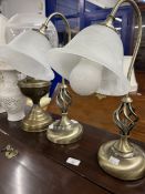 20th cent. Pair of metal lamps, a brass lamp, and a pair Blanc de Chine pottery lamps.