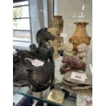 Chinese carved soapstone Hillside Temple 9ins, floral vase on base 10ins, small vase with bird and
