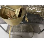 Metal Ware: Set of brass fire irons, brass trivet, pan, fire guard and lamp.