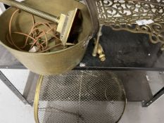 Metal Ware: Set of brass fire irons, brass trivet, pan, fire guard and lamp.