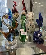 Mid 20th cent. Murano multicoloured glass cockerels x 2, height 13ins. Tropical fish x 2, rabbit,