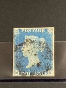 Stamps: 1840, 2d blue (twopence), pale blue, Plate 2, MK, Small Crown WM, four good margins left