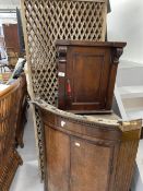 18th cent. Oak corner cupboard. Plus 19th cent. Mahogany hanging wall cupboard and two fold wooden