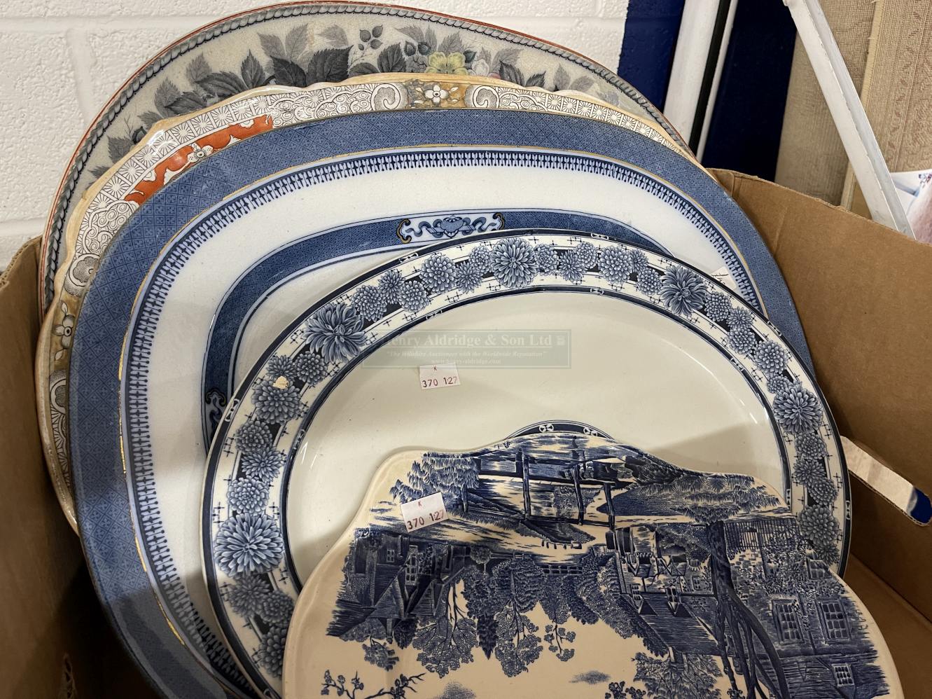 19th cent. Pottery: Meat plates blue/white willow plates x 2, blue/white Indian pattern plate,