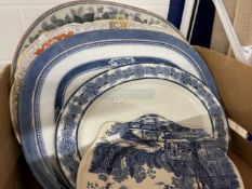 19th cent. Pottery: Meat plates blue/white willow plates x 2, blue/white Indian pattern plate,