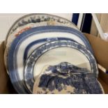 19th cent. Pottery: Meat plates blue/white willow plates x 2, blue/white Indian pattern plate,