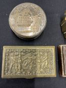 Boxes: Stamp and snuff. Three brass, one enamel and one silver plate on copper. Plus a bronze